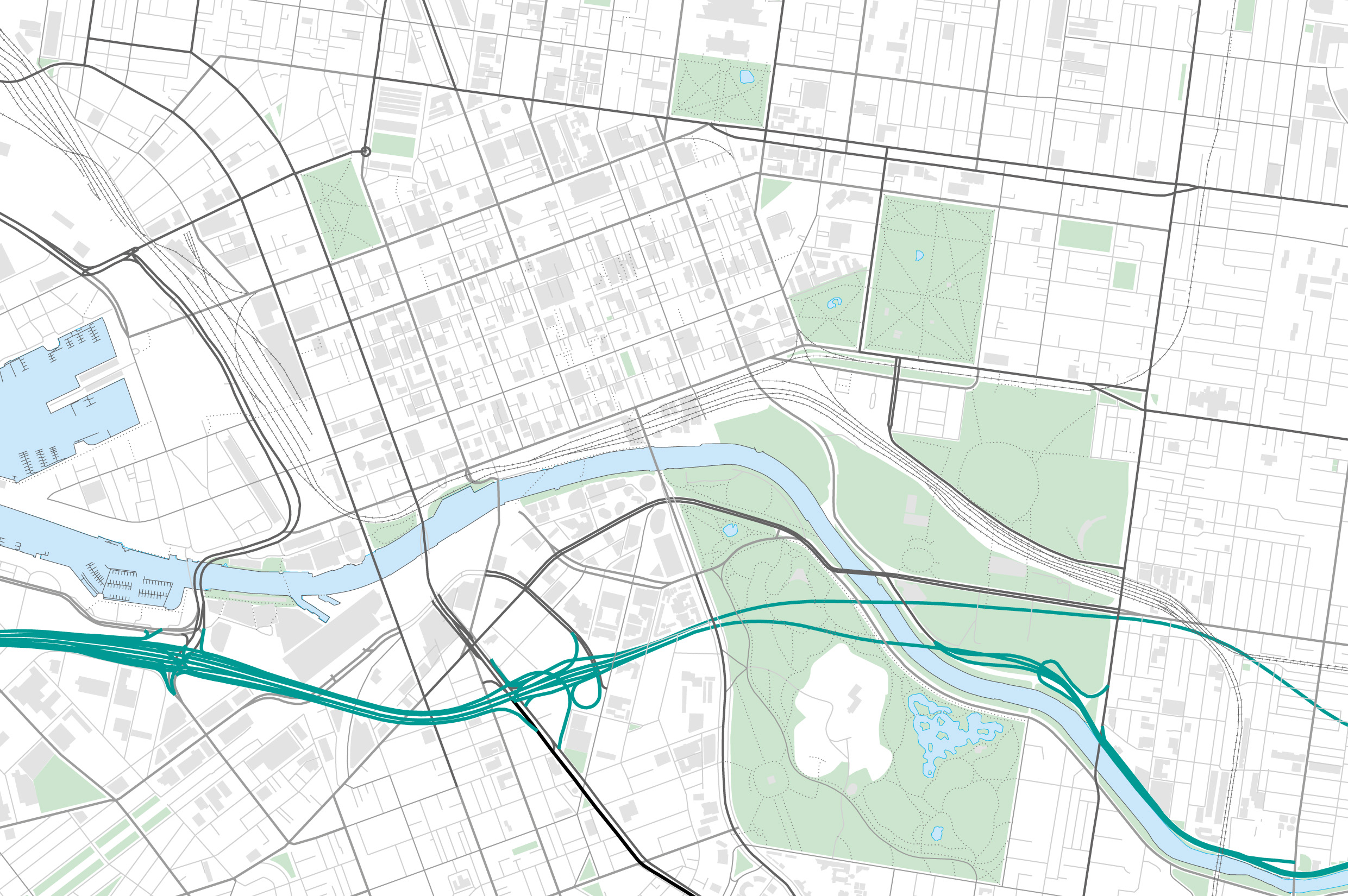 Map of Melbourne showing Roads, Watercourses, Parks and Buildings