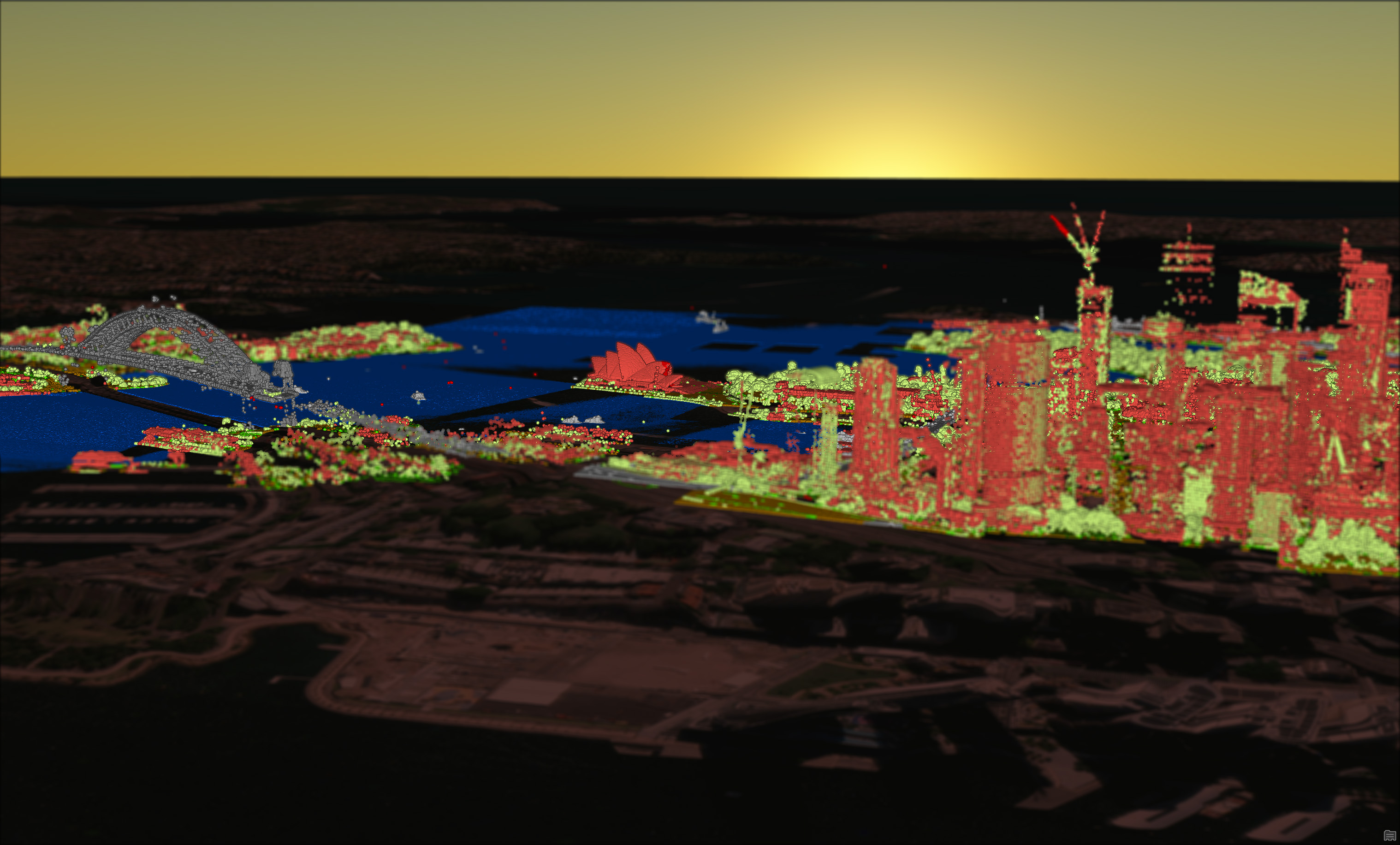 Screenshot of LiDAR las points showing the Sydney Harbour Bridge, Sydney Opera House by point classification